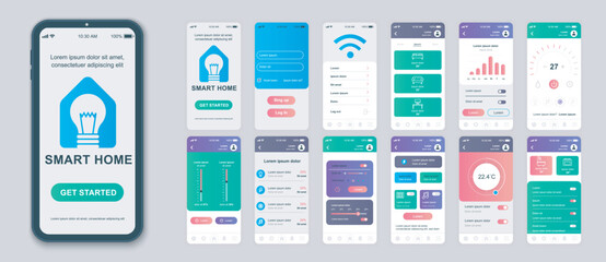 Aufkleber - Smart home mobile app screens set for web templates. Pack of profile login, automation control, online monitoring thermostats. UI, UX, GUI user interface kit for cellphone layouts. Vector design