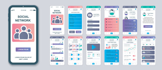 Aufkleber - Social network mobile app screens set for web templates. Pack of profile login, account information, online messages, statistics. UI, UX, GUI user interface kit for cellphone layouts. Vector design