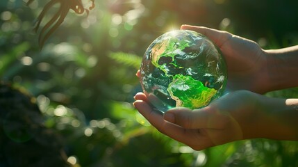 Sticker - Crystal Earth in hands. The green planet on hand