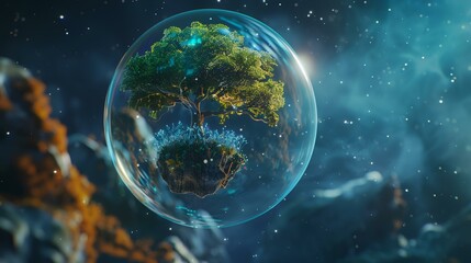 Wall Mural - Fantasy landscape with trees, planets, and stars. 3D rendering