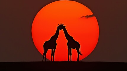 Wall Mural - a couple of giraffe standing next to each other in front of a large orange sun in the sky.