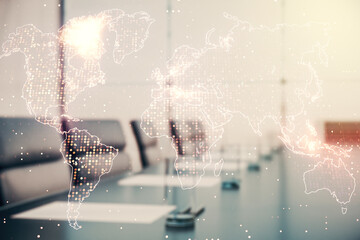 Wall Mural - multi exposure of abstract creative digital world map hologram on a modern conference room backgroun