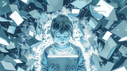 young kids media addiction, small boy around gadgets illustration