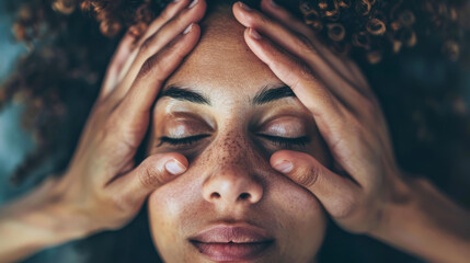 Wall Mural - Young African woman massage her eyes, self ,massage vision therapy 