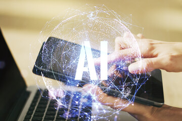 Wall Mural - creative artificial intelligence symbol concept with finger presses on a digital tablet on backgroun