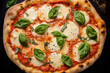 © Diego - Background of juicy margherita pizza with plenty of cheese and fresh basil just out of the oven, arranged together, closeup, top view