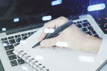 Wall Mural - double exposure of abstract creative programming illustration and hand writing in notepad on backgro