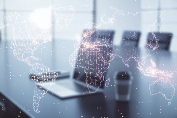 Wall Mural - multi exposure of abstract graphic world map on computer background, connection and communication co