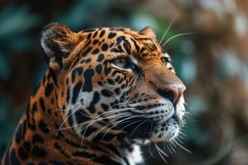 Canvas Print - Close-up of a leopard's face with trees in the background. Ideal for nature and wildlife themes