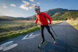 Fototapeta Góry - un skieur sur des ski-roues  sur une route de campagne