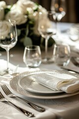 Elegant table arrangement with white flowers, perfect for events and celebrations