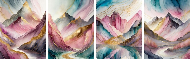 Wall Mural - Set of cards with fluid art painting in alcohol ink technique, mountains, for backgrounds, posters, flyer.