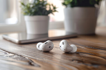 Wireless earbuds lie on a wooden table with a blurred laptop and potted plants in the background, suggesting a modern, connected lifestyle.