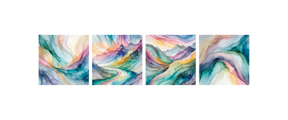Wall Mural - Set of cards with fluid art painting in alcohol ink technique, trendy colors, for backgrounds, posters, flyer.