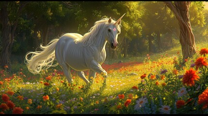 Wall Mural - A white unicorn runs across the field