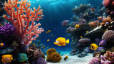 Fototapeta Las - Dive into the depths of an underwater wonderland, where coral reefs explode with bright and bold colors. Exotic fish swim through crystal-clear waters, creating a mesmerizing aquatic scene