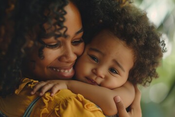 Canvas Print - A woman holding a child in her arms. Suitable for family and parenting concepts