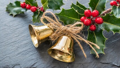 Wall Mural - shiny christmas bells paired with rustic jute twine and fresh holly leaves on a slate backdrop christmas card with copy space