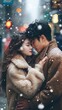 asian young couple wearing long fur coat in snowing with new year atmosphere