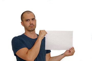 Wall Mural - expressive bald man holding a sheet of paper , blank sign presentation template