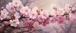 A painting showing vibrant pink cherry blossom flowers blooming on a tree branch. The delicate petals and green leaves create a beautiful contrast against the sky.