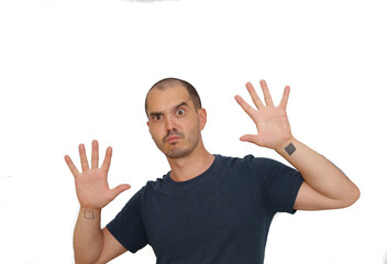 Wall Mural - expressive bald man making hand gesture , showing numer ten with fingers