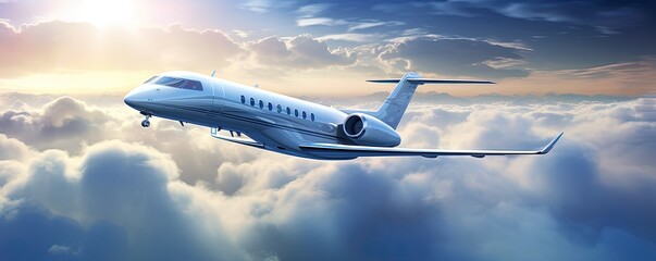 Wall Mural - Private jet flying through the clouds in the sky