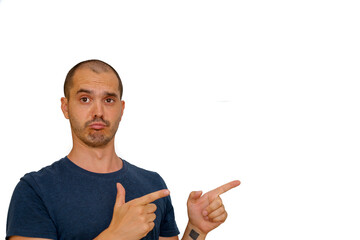 Wall Mural - expressive bald man making hand gesture , pointing fingers