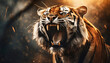 Closeup portrait of roaring tiger, dramatic light, blurred background