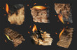Burning old paper. Burnt pages with smoldering fire on charred uneven edges, damaged sheets in flames with ash. Elements for collage. Vector illustration.
