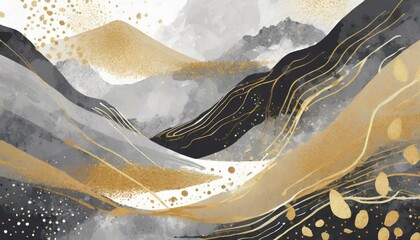  Artistic abstract marble painting in watercolor and acrylic. gold, beige, black and black background in the form of mountains. Potable ink