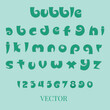 © Liuba - 3D bubble font alphabet and numbers in y2k style. Turquoise inflated type text isolated on background. Vector realistic