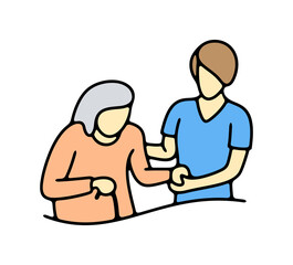 Wall Mural - Nurse helping senior, elderly care. Healthcare, medicine, medical, nursing home, hospital and clinic, illustration