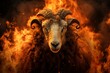Nightmare sheep with fire flames. Horrified scary lucifer animal in burning fire. Generate ai