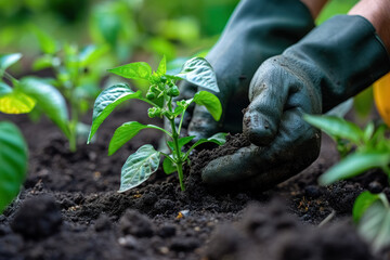 Person in gloves planting of young seedlings bell pepper in garden with rich soil and sunlight, healthy vegetarian organic food