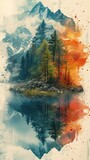 Fototapeta Londyn - vertical segmented images of abstract landscapes and environments of mountains, snow, lakes and Grass and dirt