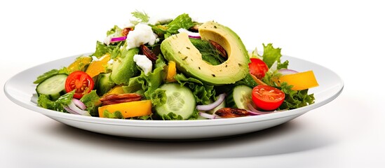 Wall Mural - A white plate is filled with a refreshing salad featuring avocado slices on a crisp white background. The vibrant green avocado contrasts beautifully with the colorful vegetables in the salad.