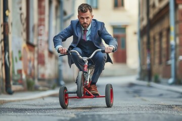 A man in a business suit rides a small red tricycle, showing a juxtaposition of fun and professionalism in an urban setting