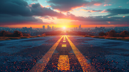 Wall Mural - Empty asphalt road and modern city skyline with building scenery at sunset. high angle view.