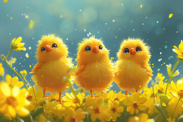 Three yellow newborn chick on spring field or garden. Cute chicken on summer meadow with green grass and flowers. Easter concept. Funny bird character for banner, card, flyer or poster