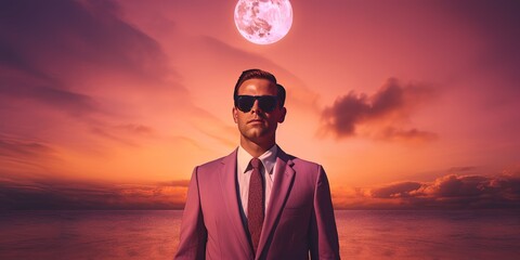 Wall Mural - On a beach illuminated by the pink skies of the holiday season, a man wearing a suit and sunglasses stands proudly against the backdrop of the vast ocean, an emblem of hope and resilience in the new