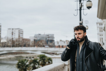 Wall Mural - Stylish young adult with beard using a cellphone in a city environment. The background suggests a cool, overcast day in an urban landscape.