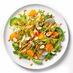 Wall Mural - Plate of spring salad dressed with apricot dressing, sprinkled with almonds and spring onions, arranged on a white round plate, displayed against a white background in an aerial view