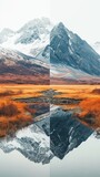 Fototapeta Londyn - vertical segmented images of abstract landscapes and environments of mountains, snow, lakes and Grass and dirt