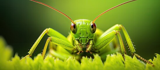 Poster - In this close-up shot, a grasshopper can be seen perched delicately on a leaf. The intricate details of the grasshoppers body and the texture of the leaf are showcased.