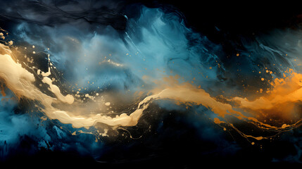 Wall Mural - Golden Flowing Wave with Golden Splashes on Blue Background