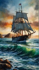 Wall Mural - A sailing ship approaching the shore, Watercolor