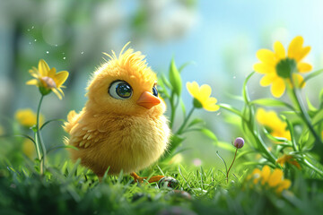 Wall Mural - Yellow newborn chick on spring field or garden. Cute chicken on summer meadow with green grass and flowers. Easter concept. Funny bird character for banner, card, flyer or poster