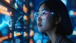 © chanidapa - Young asian woman watching hologram screens. Business technology.