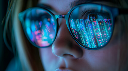 woman with glasses and reflection of computer code, Macro view into the eye of a computer hacker as he monitors a computer screen. Female use internet, read, watching, study, analizing, working